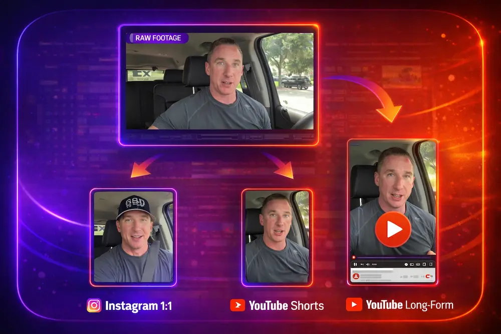 One raw video turned into YouTube, Instagram Reels, YouTube Shorts and TikTok