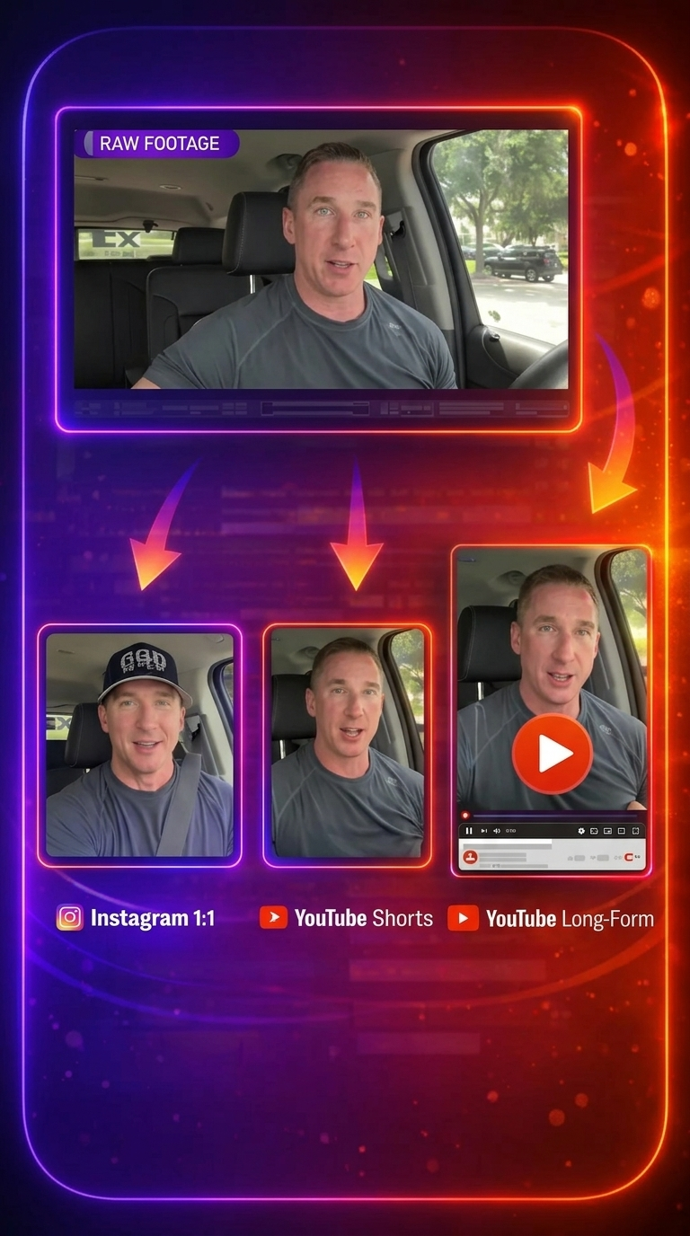 One raw video turned into YouTube, Instagram Reels, YouTube Shorts and TikTok
